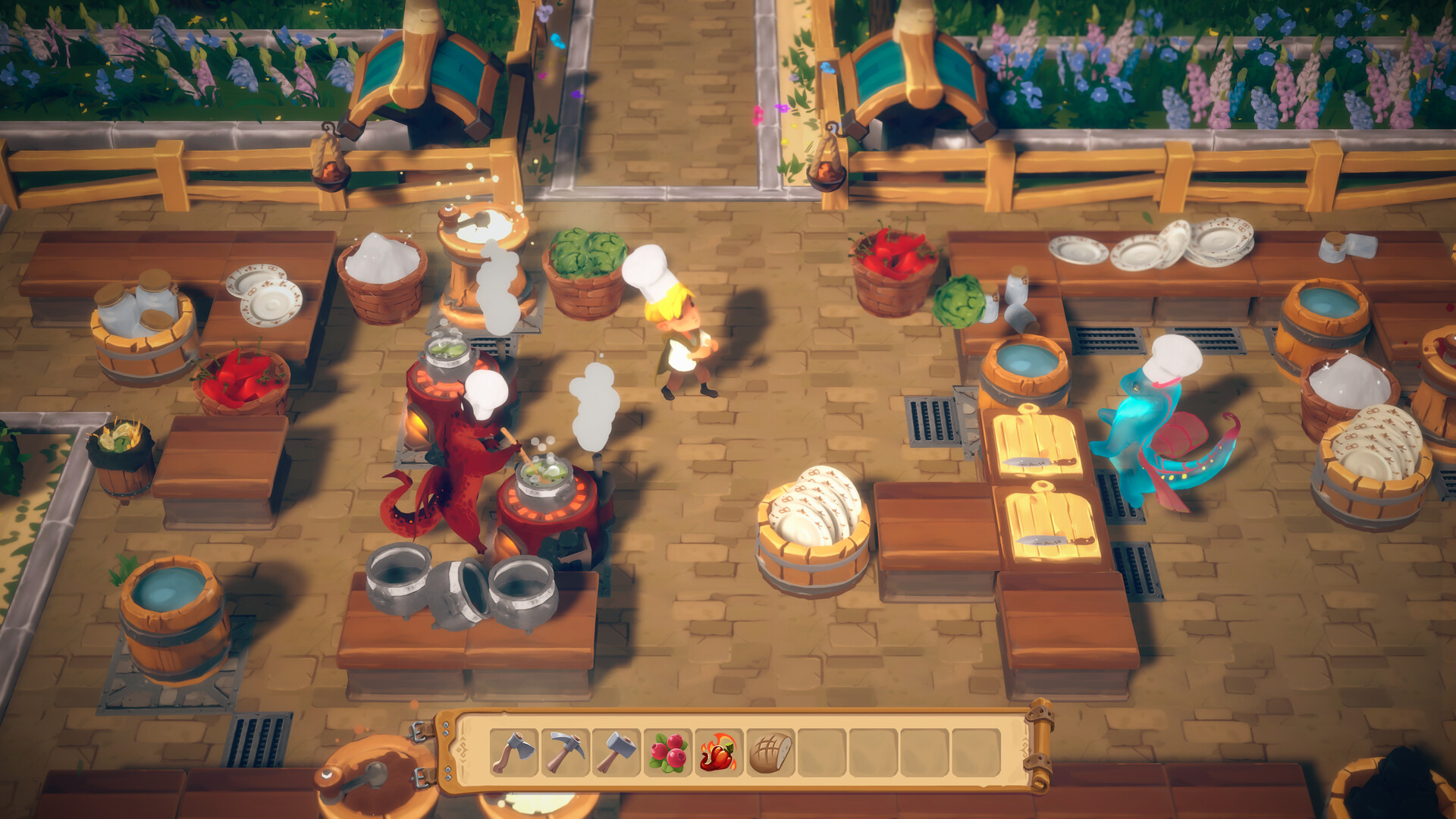A red dragon and a teal dragon, both wearing chef hats, helping to cook at a Dragon Shelter kitchen