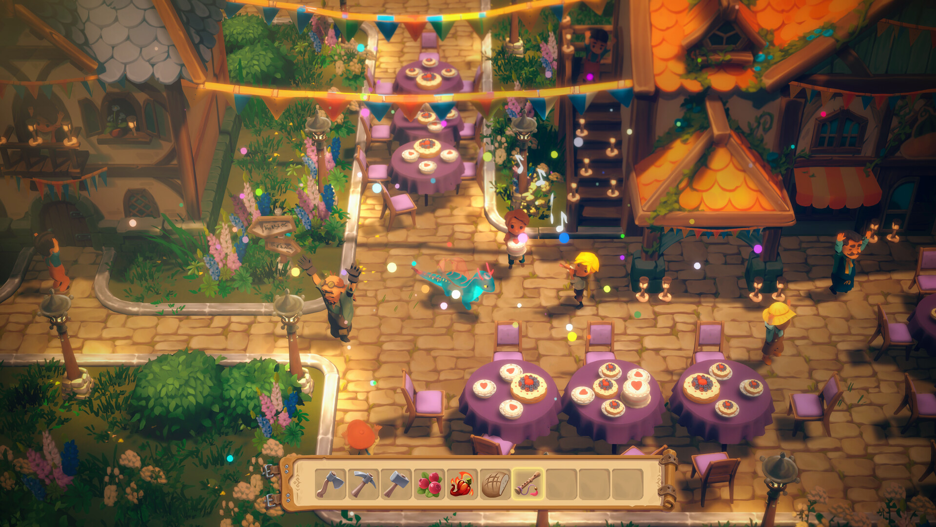 A night festival in Dragon Shelter, with the player playing flute under colorful bunting beside a cake and villagers